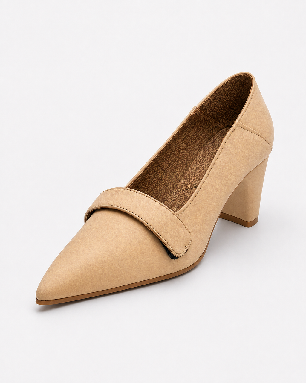 Women's Beige Pointed Toe Block Heel Pumps | Closed Toe Dress Heels