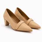Women's Beige Pointed Toe Block Heel Pumps | Closed Toe Dress Heels