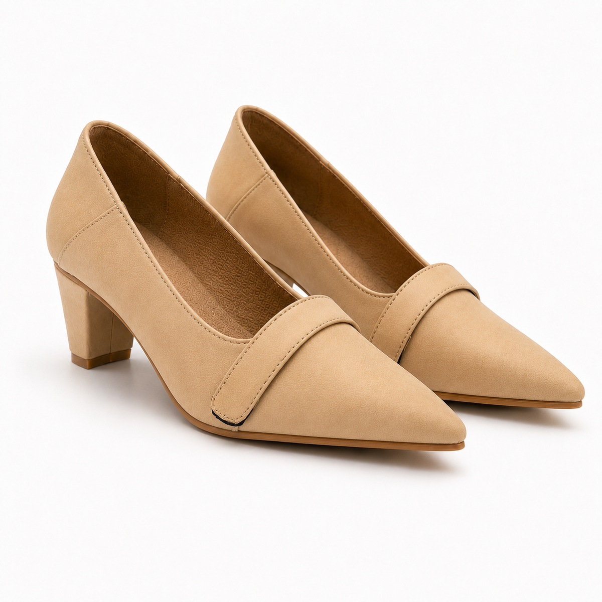 Women's Beige Pointed Toe Block Heel Pumps | Closed Toe Dress Heels