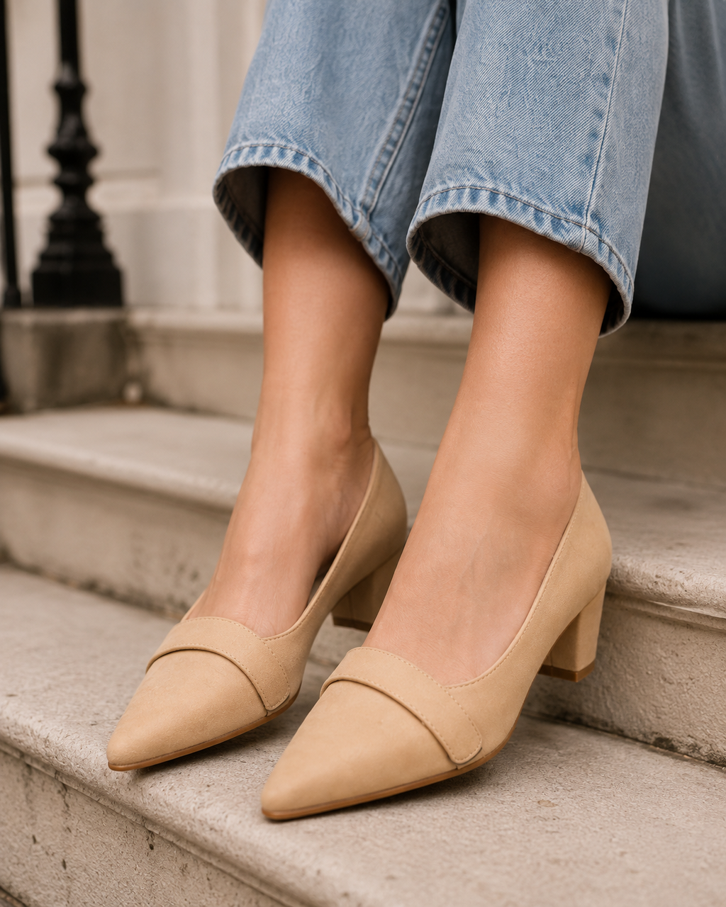 Women's Beige Pointed Toe Block Heel Pumps | Closed Toe Dress Heels