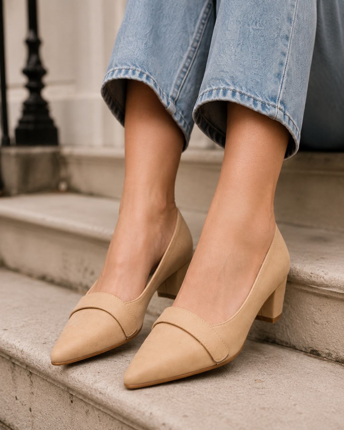 Women's Beige Pointed Toe Block Heel Pumps | Closed Toe Dress Heels