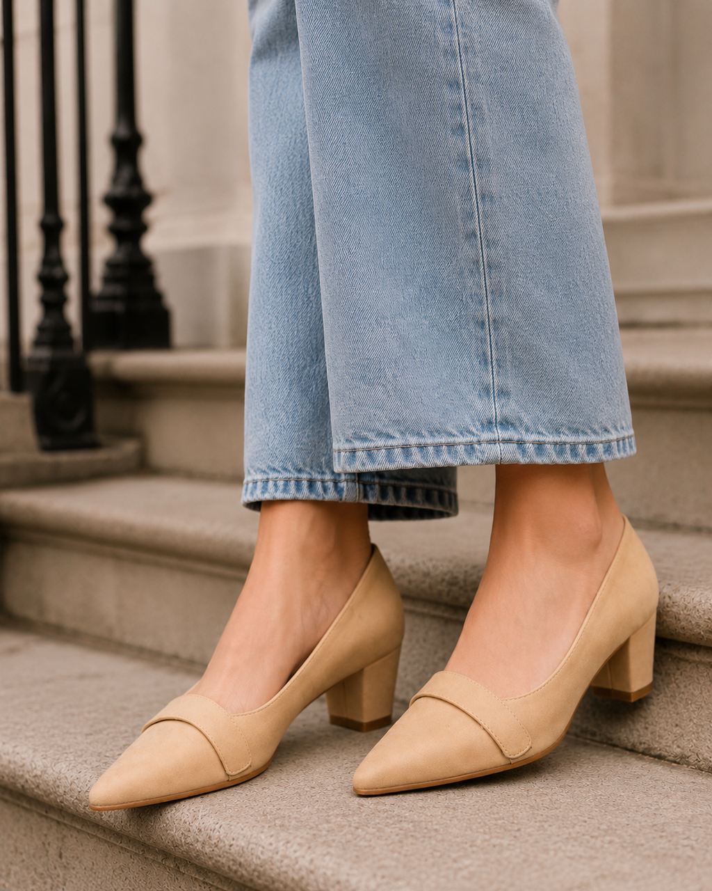 Women's Beige Pointed Toe Block Heel Pumps | Closed Toe Dress Heels