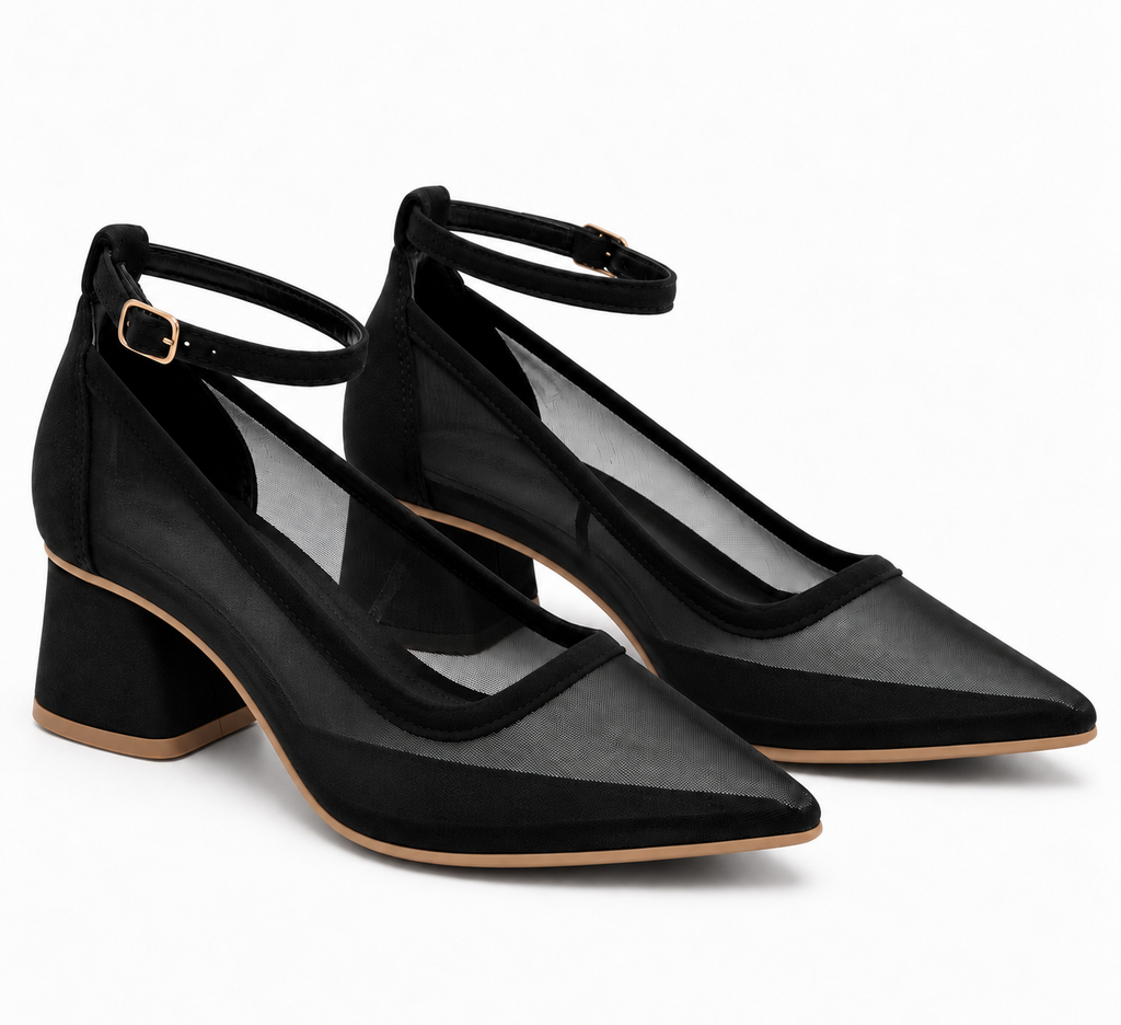 Women’s Black Mesh Pointed Toe Block Heel Pumps | Ankle Strap Heels