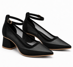 Women’s Black Mesh Pointed Toe Block Heel Pumps | Ankle Strap Heels
