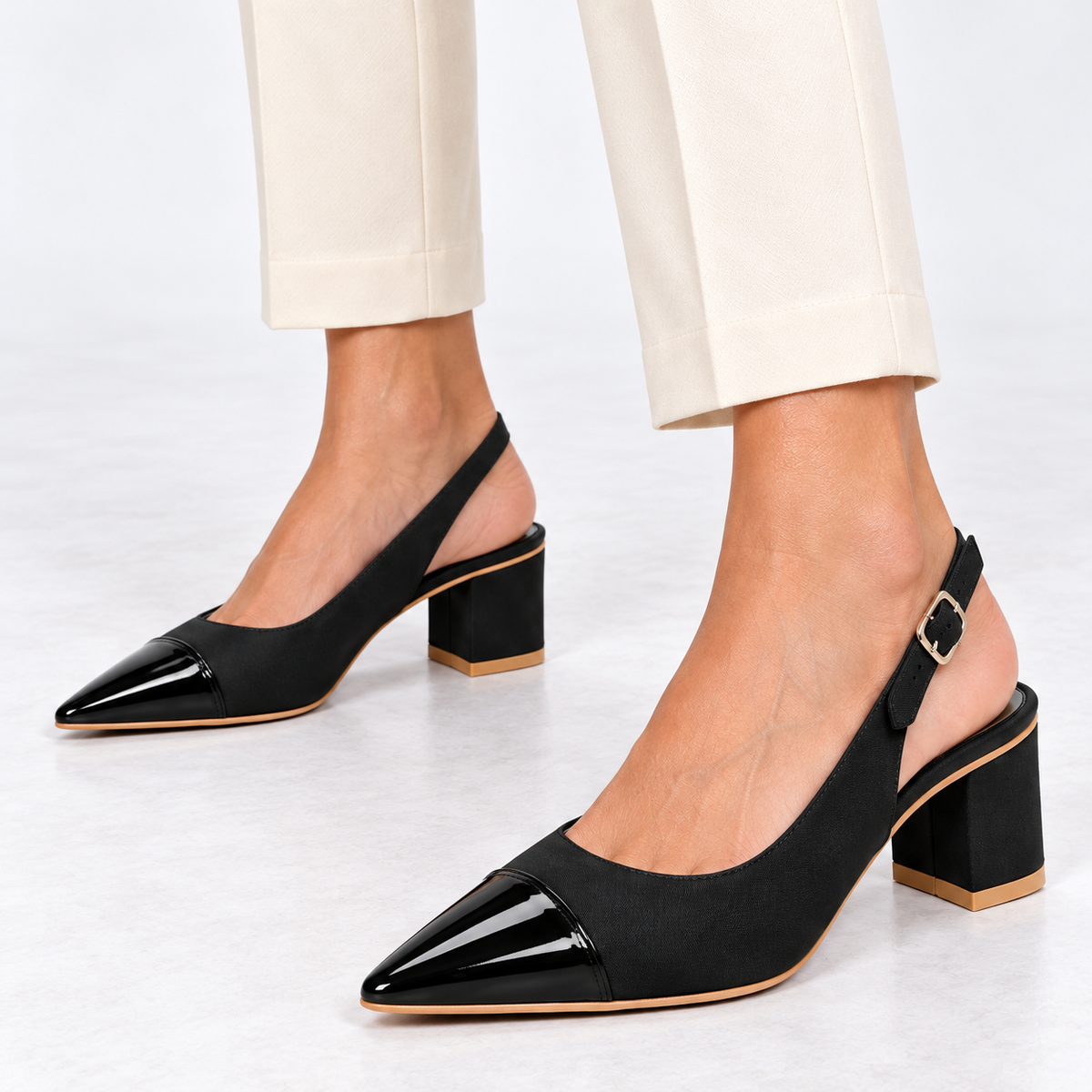 Women’s Black Pointed Toe Slingback Pumps | Patent Cap Toe & Block Heel