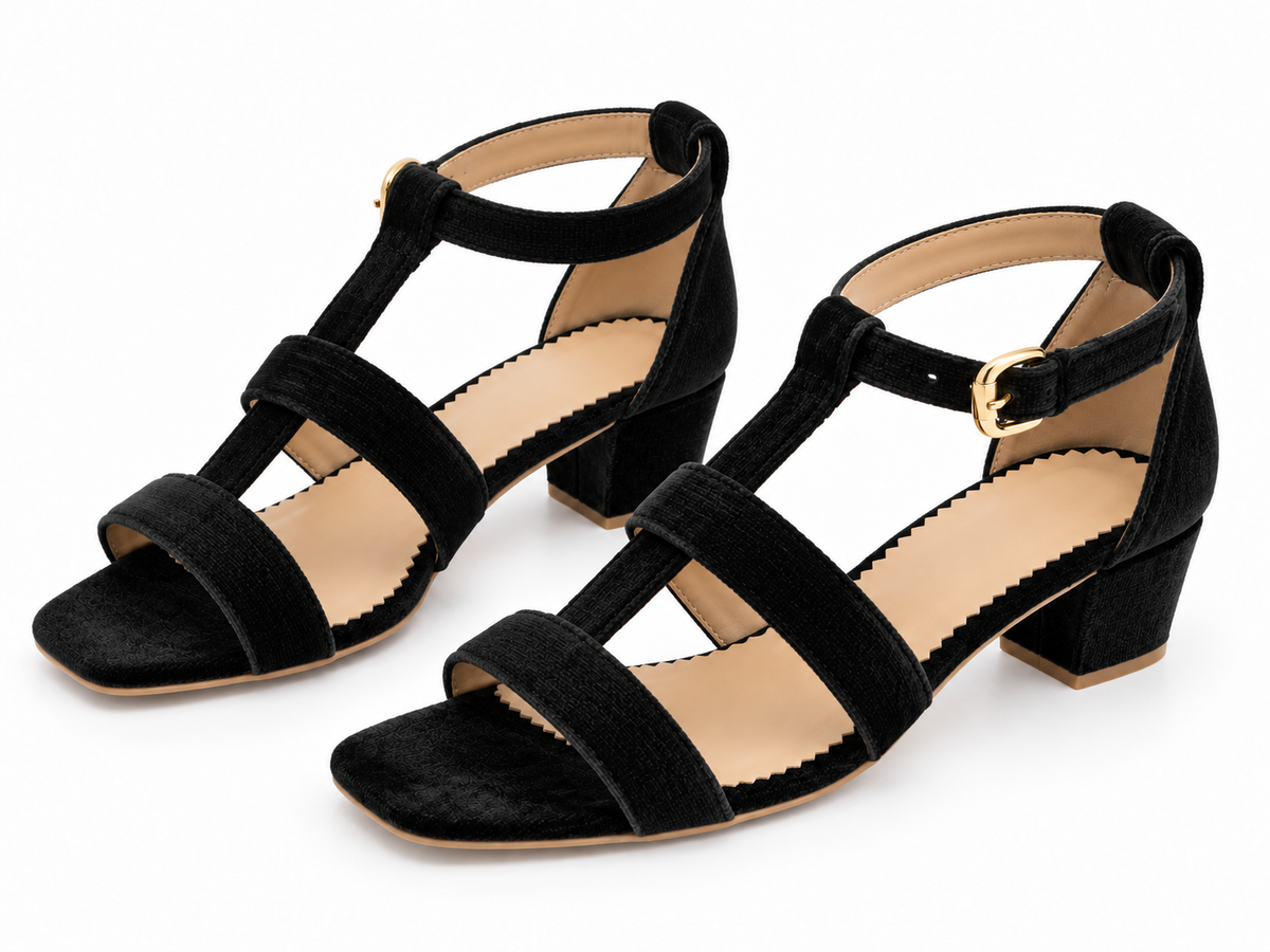 Women's Black Low Block Heel Sandals | T-Strap