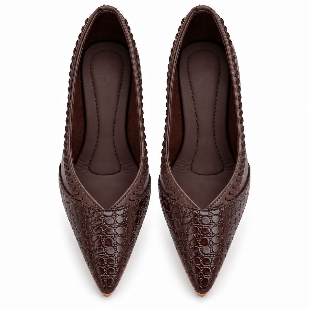 Chocolate Brown Pointed Toe Block Heel Pumps | Croc Effect Toe