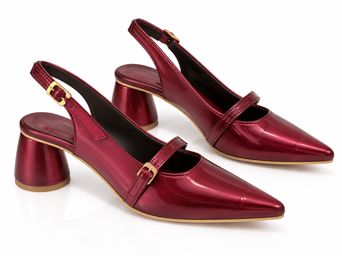 Burgundy Mary Jane Slingback Block Heels – Pointed Toe