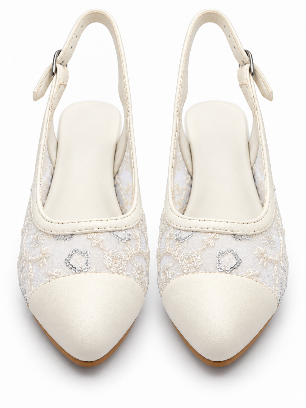 Ivory Mesh Block Heel Wedding Shoes | Closed Toe Slingbacks