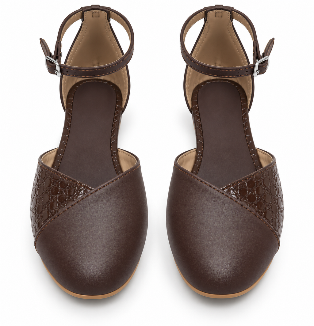 Chocolate Brown Ankle Strap Flats | Closed Toe & Low Block Heel