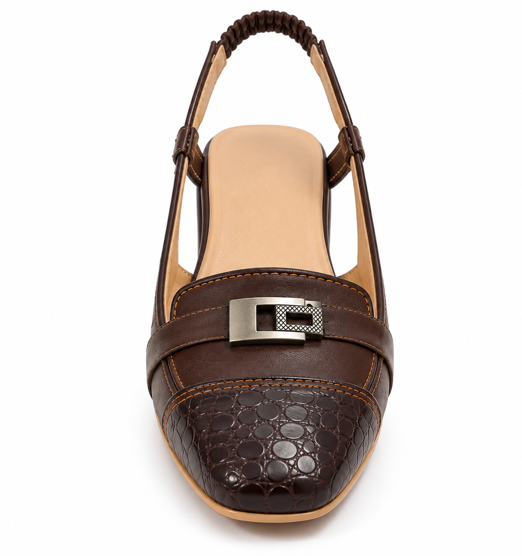 Chocolate Brown Slingback Loafers with Croc-Embossed Toe