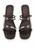 Chocolate Brown Clear Strap Block Heel Sandals | Square Toe Mules