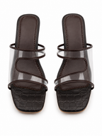 Chocolate Brown Clear Strap Block Heel Sandals | Square Toe Mules