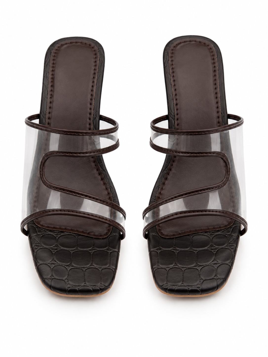 Chocolate Brown Clear Strap Block Heel Sandals | Square Toe Mules