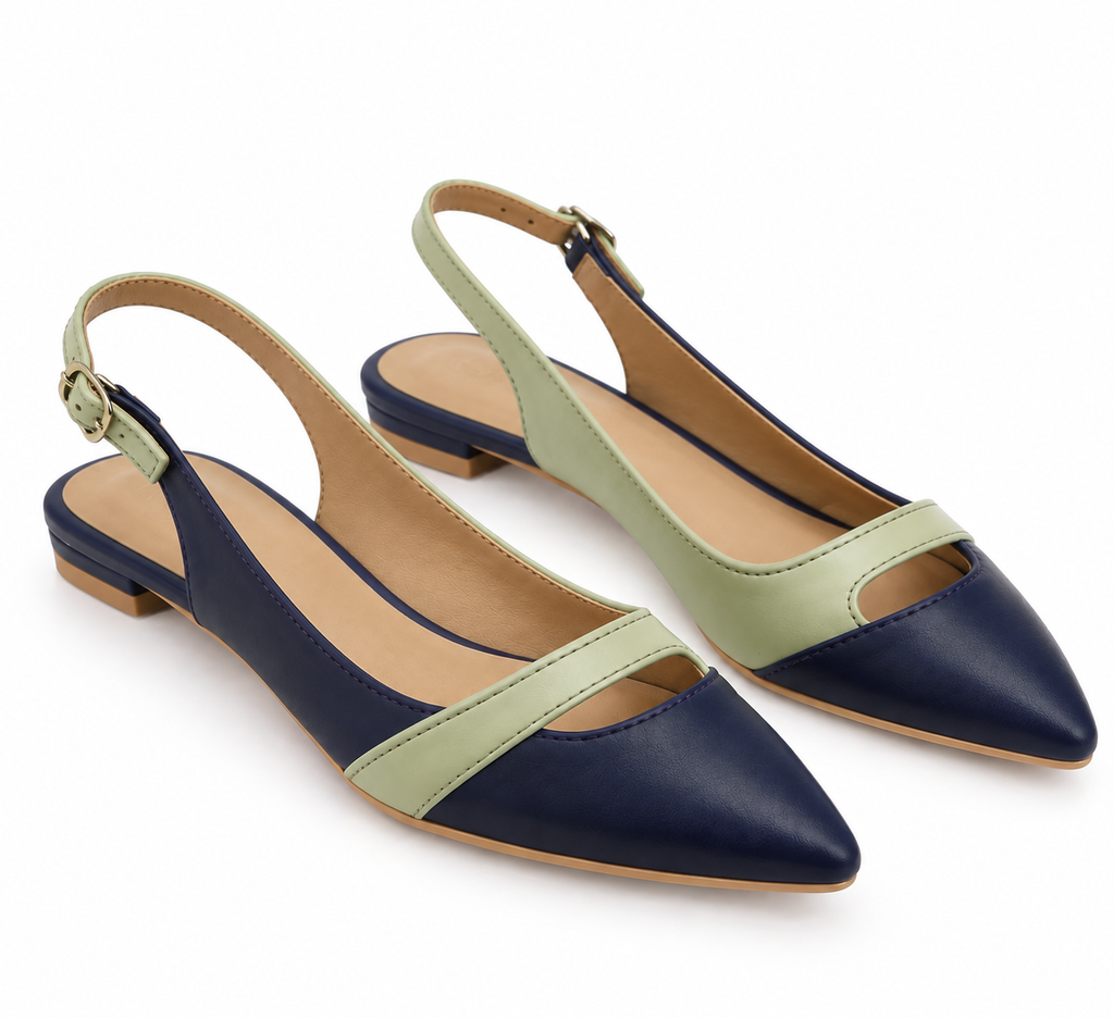 Navy Blue & Sage Green Pointed Toe Slingback Flats | Low Heel