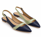 Navy Blue & Sage Green Pointed Toe Slingback Flats | Low Heel