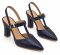 Navy Blue Slingback Block Heels – Pointed Toe & T-Strap