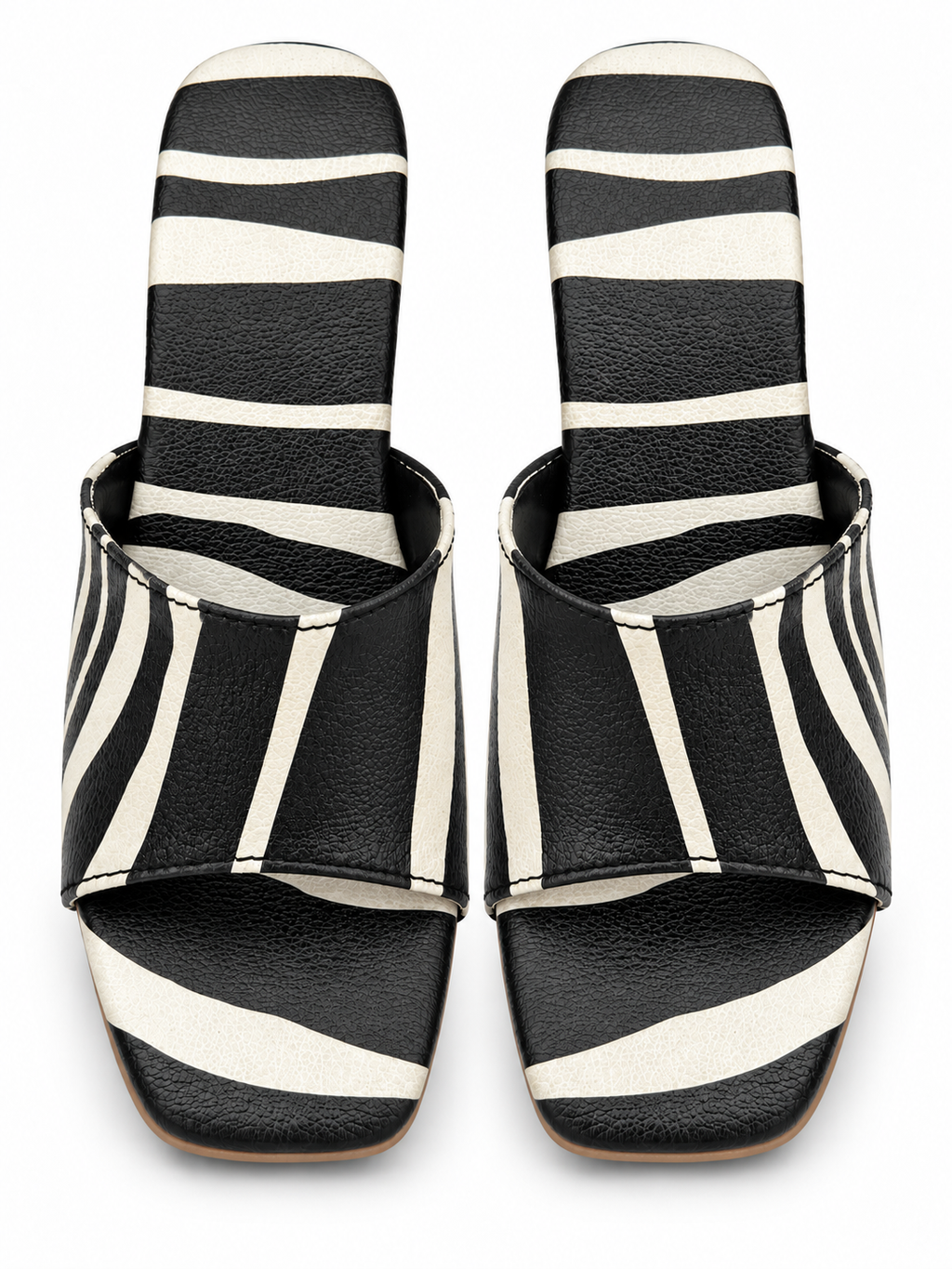 Women’s Black & White Striped Block Heel Mule Sandals | Square Toe Slides