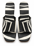 Women’s Black & White Striped Block Heel Mule Sandals | Square Toe Slides