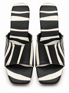 Women’s Black & White Striped Block Heel Mule Sandals | Square Toe Slides