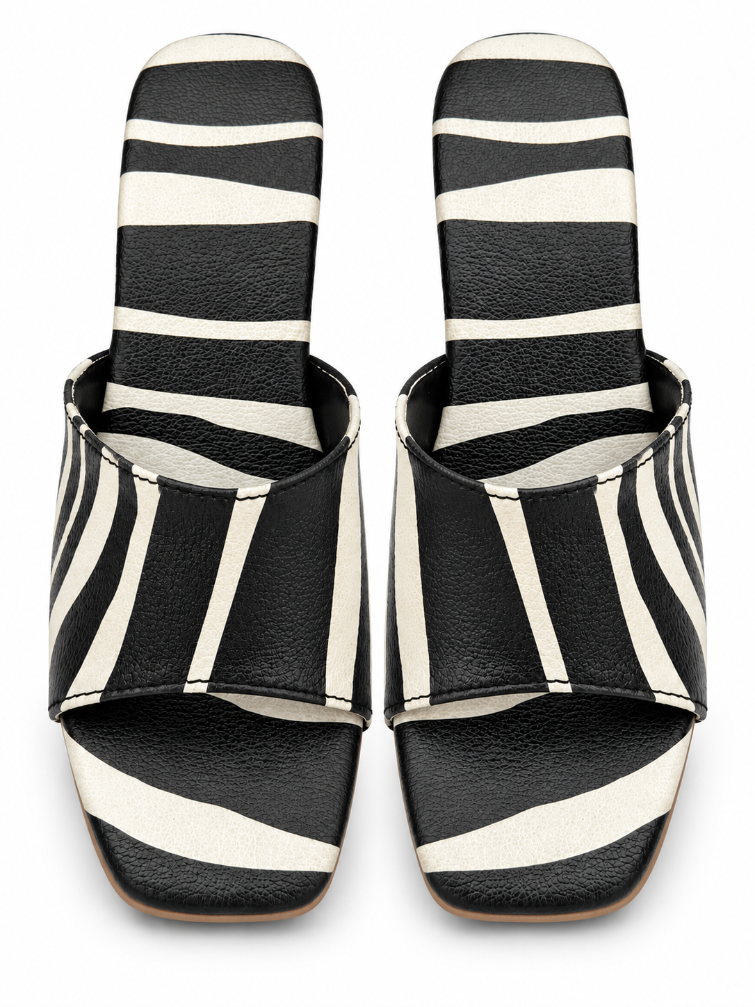 Women’s Black & White Striped Block Heel Mule Sandals | Square Toe Slides