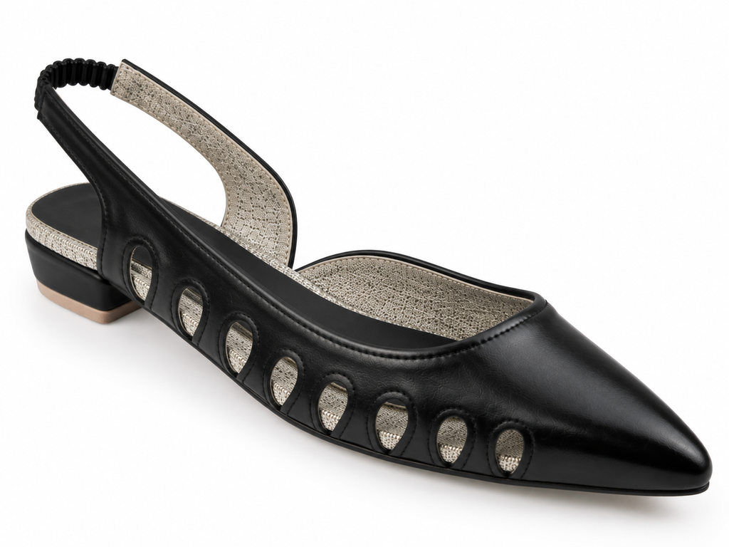 Black Pointed Toe Slingback Flats with Cutout Detail