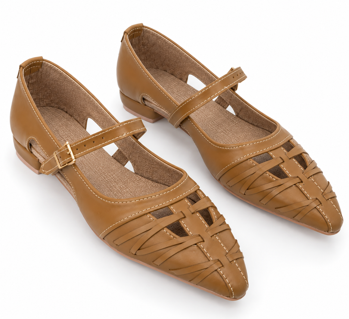 Tan Woven Calf Leather Mary Jane Flats with Pointed Toe