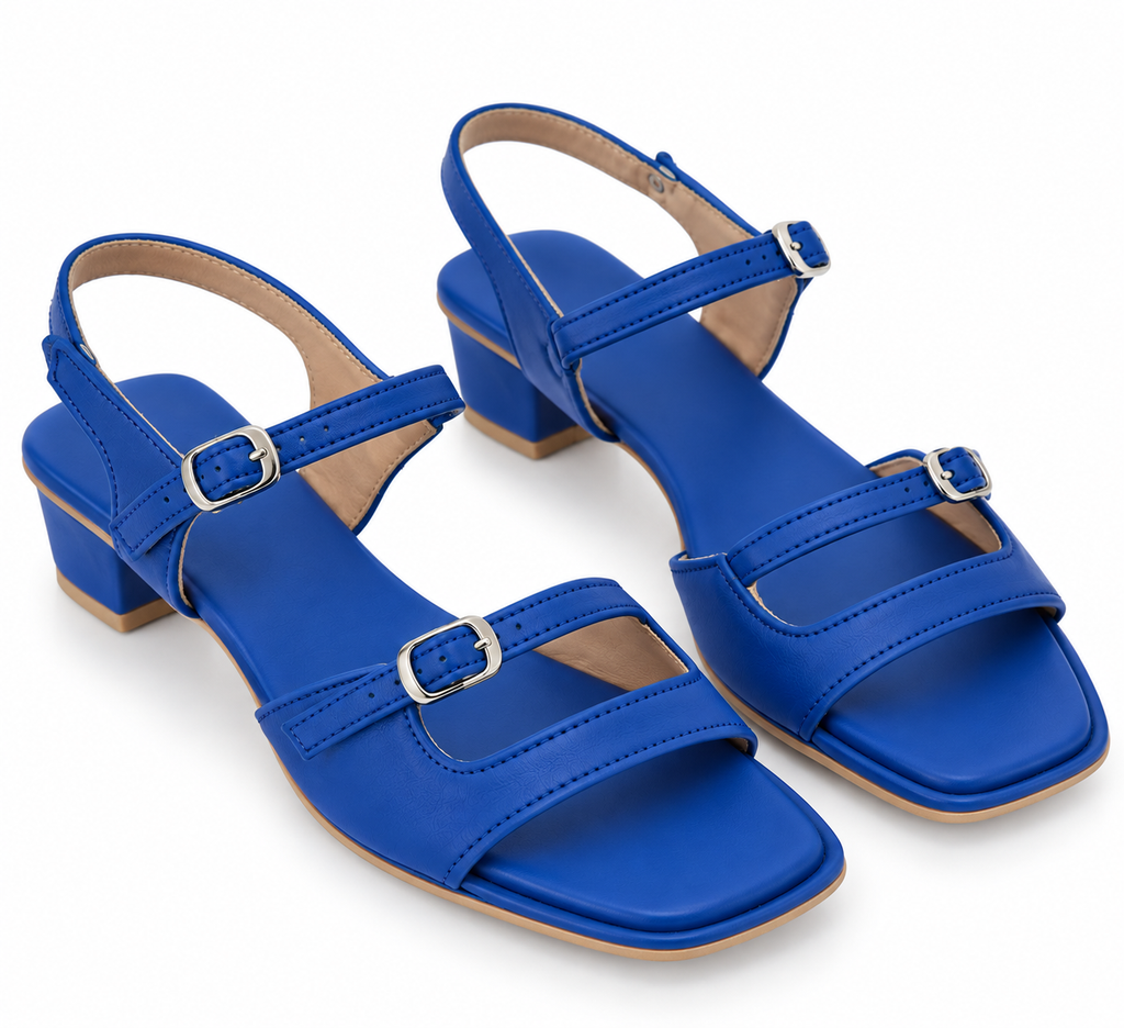 Royal Blue Block Heel Sandals – Square Toe & Double Buckle