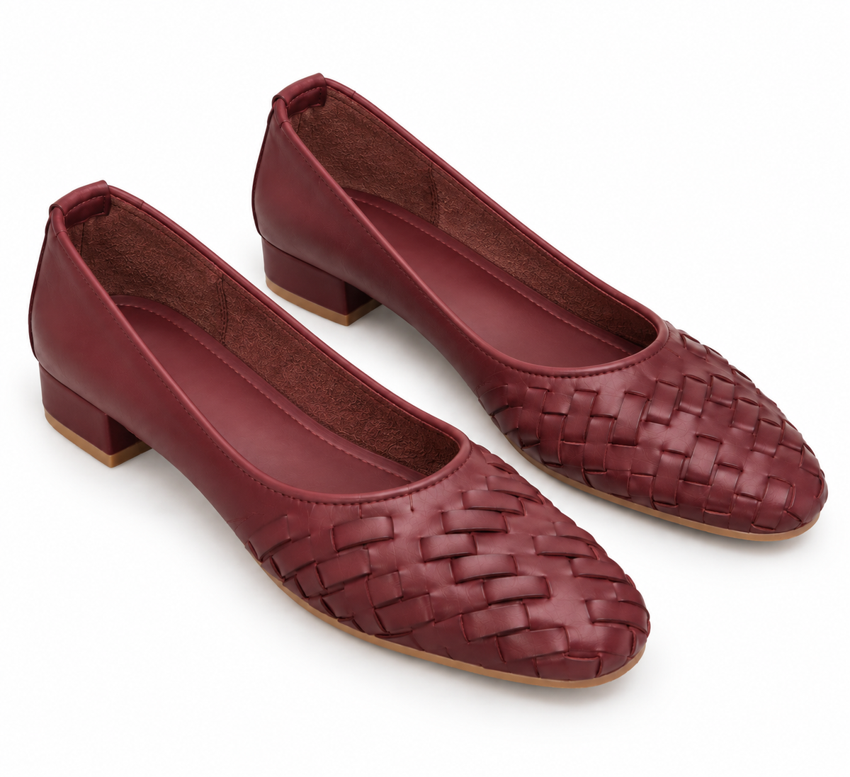 Burgundy Woven Leather Ballet Pumps – Low Block Heel