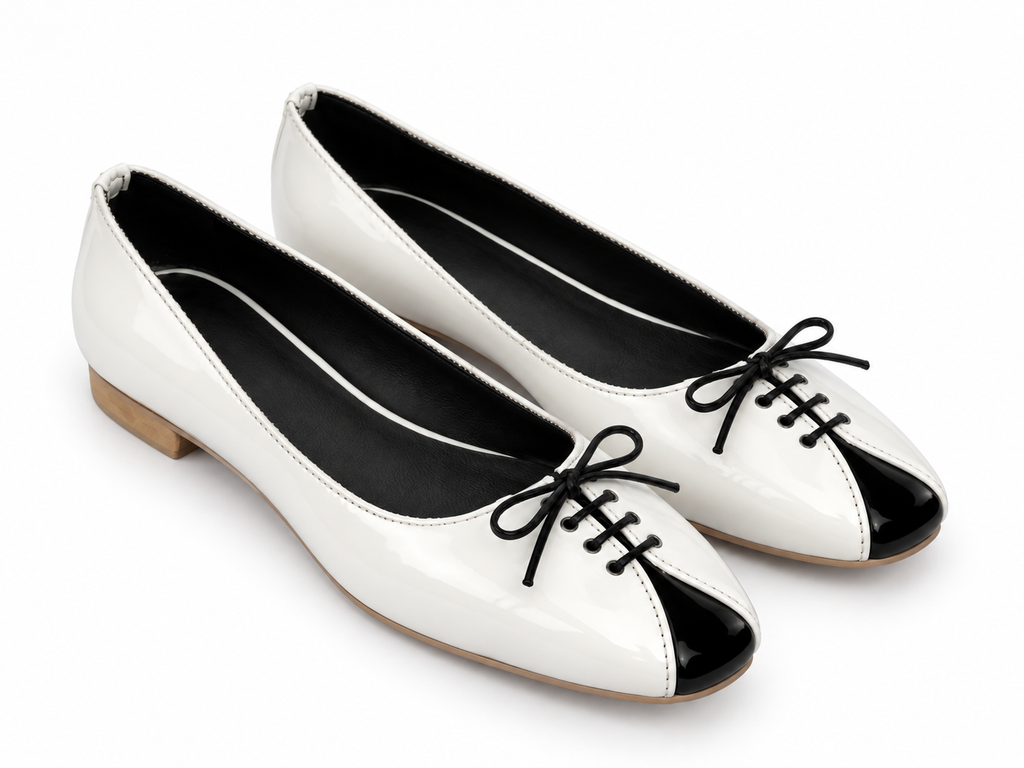 Women's White & Black Lace-Up Ballet Flats | Low Block Heel