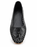 Black Woven Calf Leather Ballet Flats with Tassels