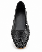 Black Woven Calf Leather Ballet Flats with Tassels