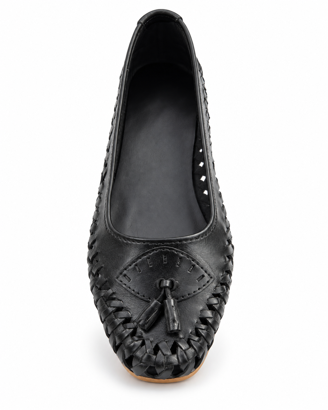 Black Woven Calf Leather Ballet Flats with Tassels