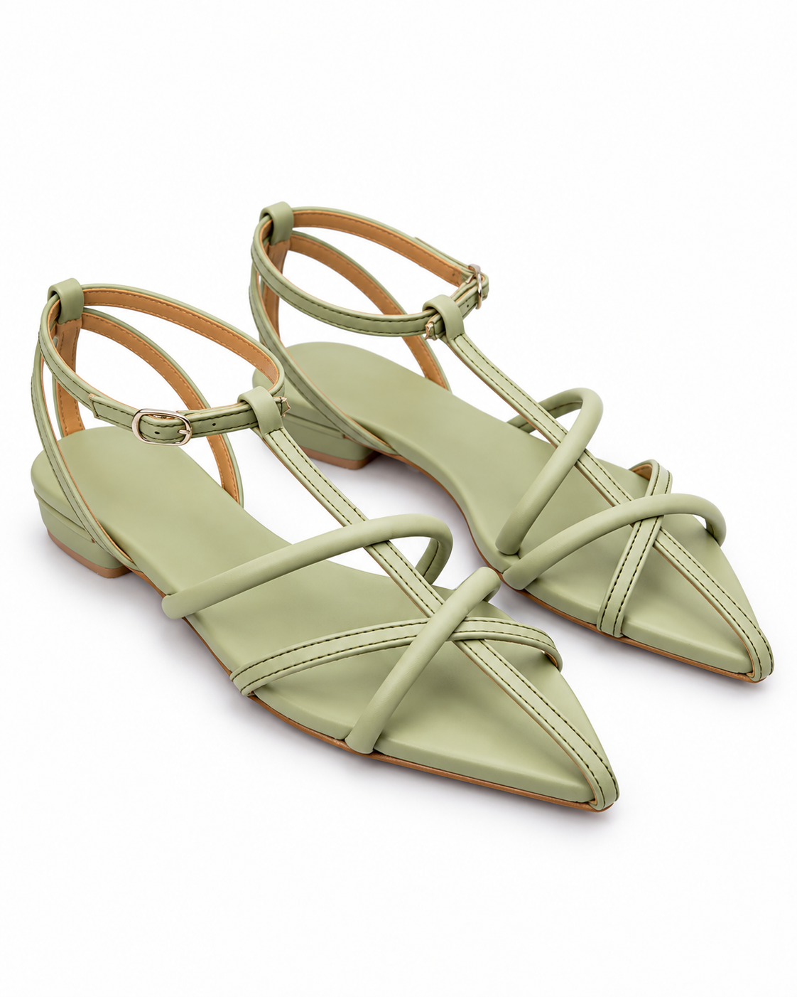 Sage Green Block Heel Sandals – Strappy T-Strap & Ankle Buckle