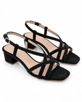 Women's Black Strappy Block Heel Sandals | Square Toe & Ankle Strap