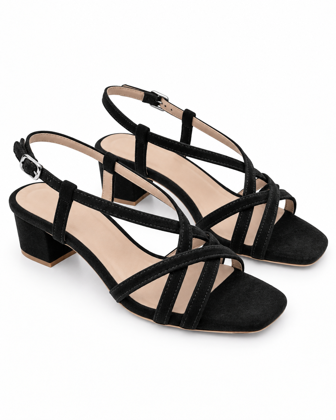 Women's Black Strappy Block Heel Sandals | Square Toe & Ankle Strap