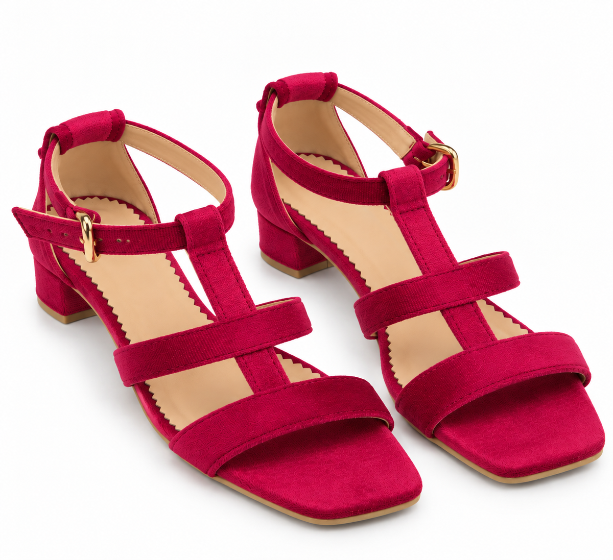 Women's Fuchsia Pink Low Block Heel Sandals | T-Strap