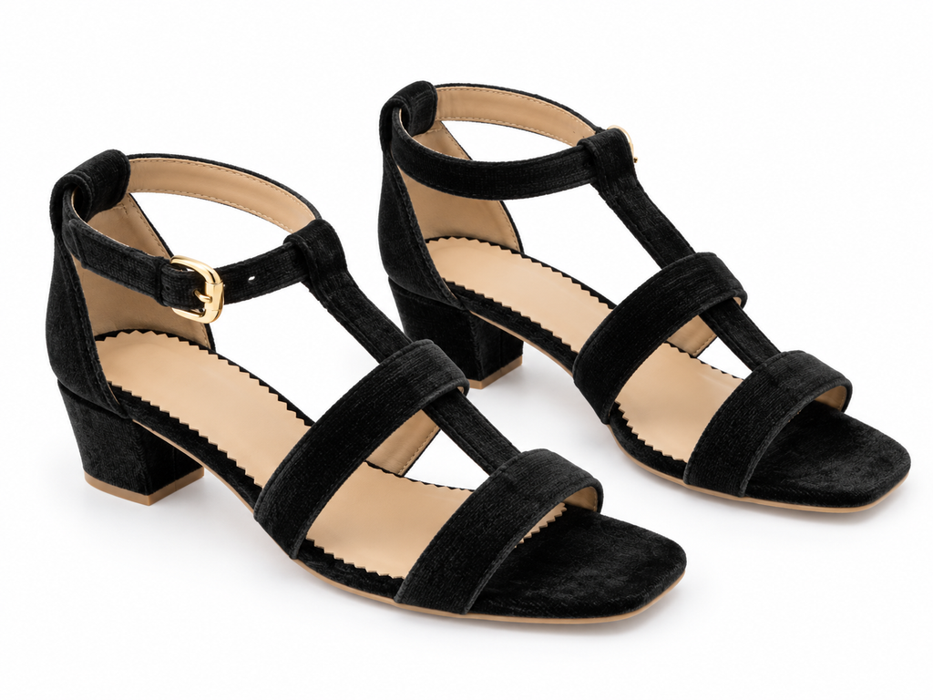 Women's Black Low Block Heel Sandals | T-Strap