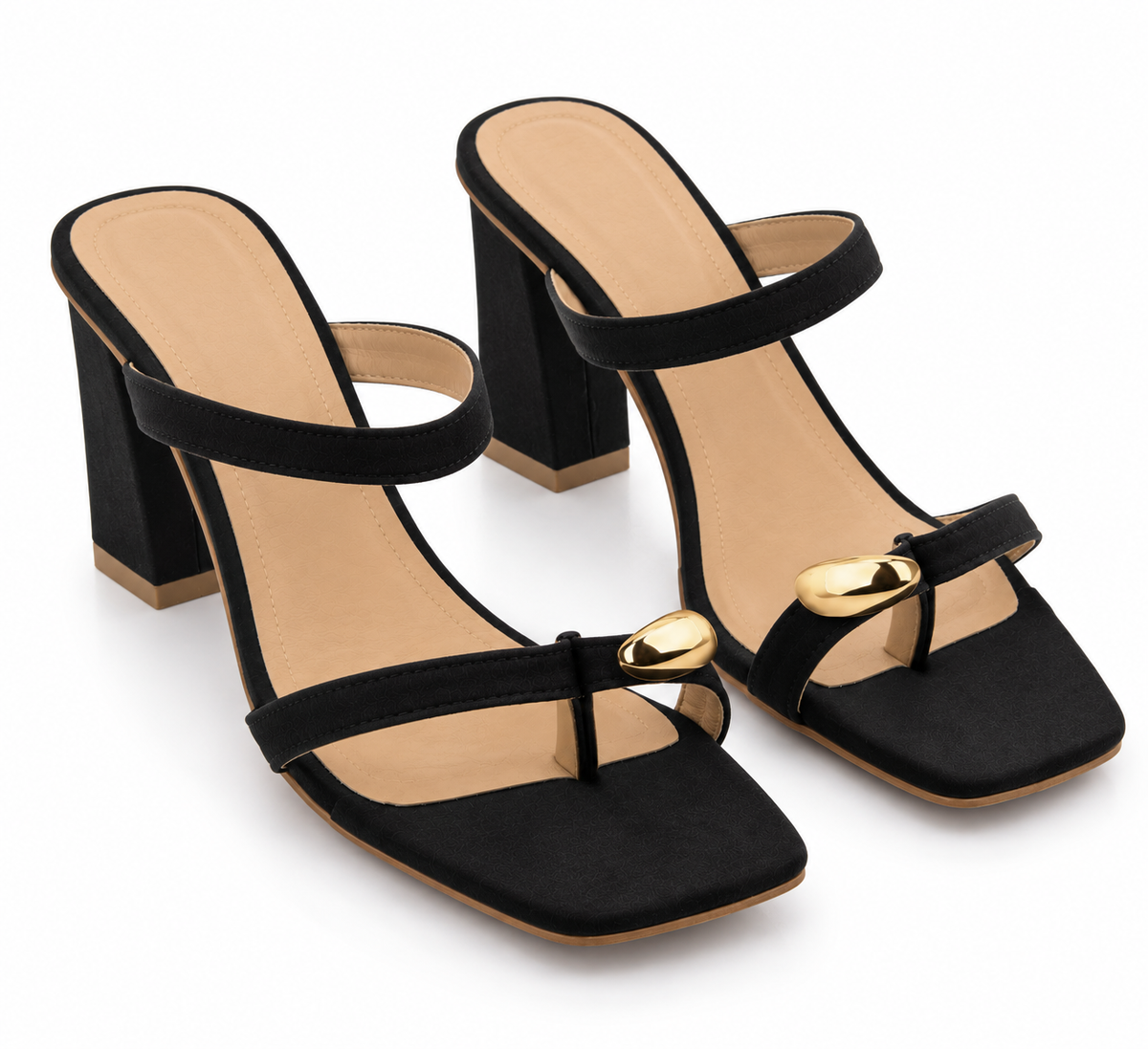 Black Block Heel Mule Sandals | Square Toe & Gold Detail