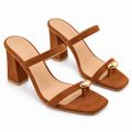 Tan Brown Block Heel Mule Sandals | Square Toe & Gold Detail