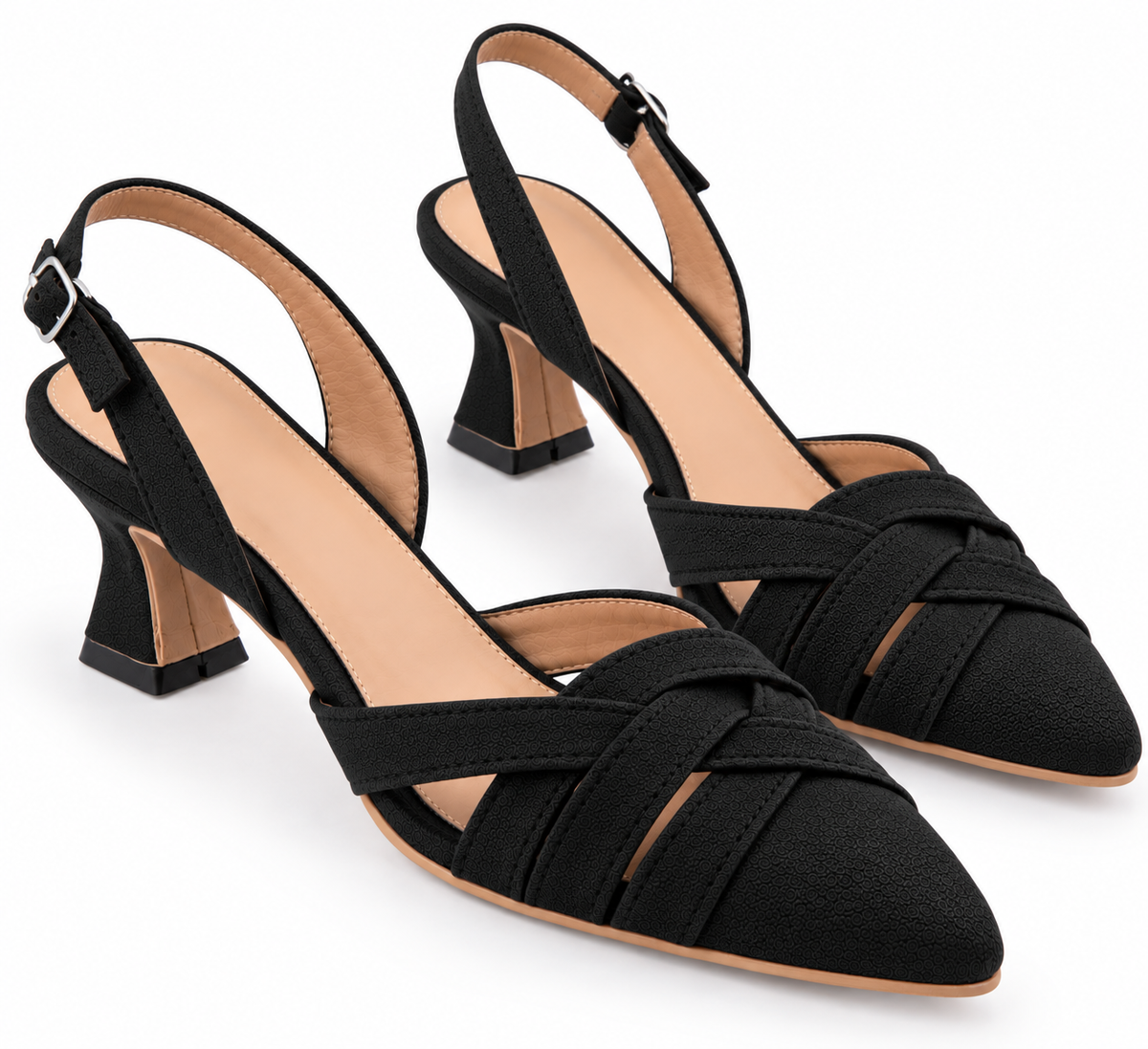 Black Pointed Toe Slingback Heels | Criss Cross Straps