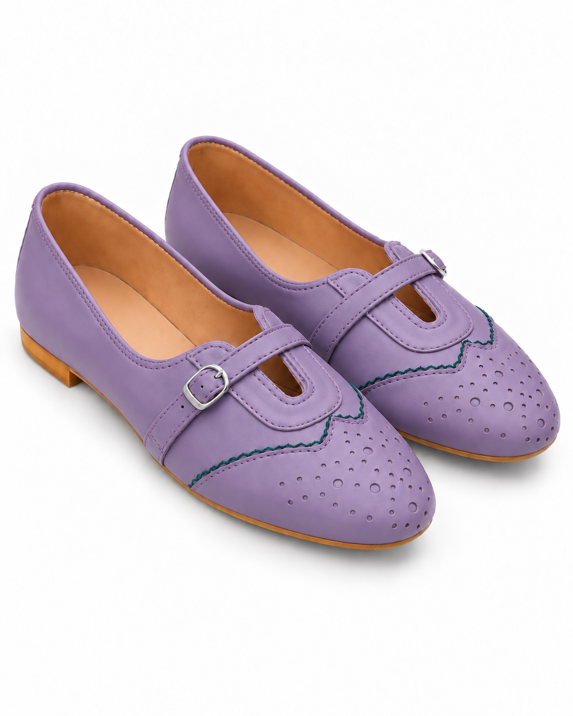 Women's Purple Mary Jane Flats | Perforated Buckle Ballet Shoes