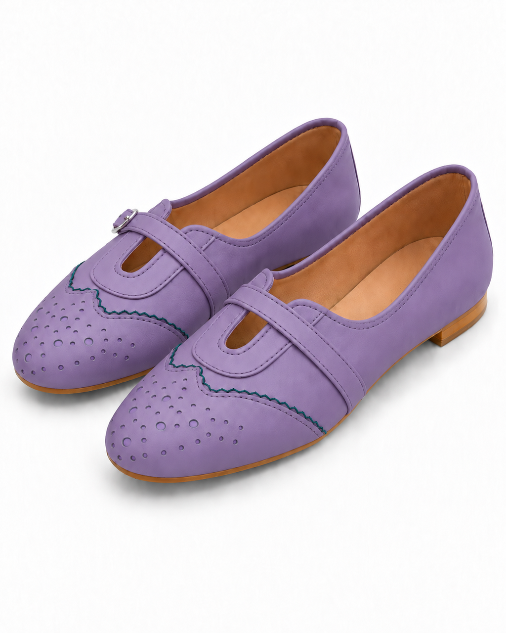 Women's Purple Mary Jane Flats | Perforated Buckle Ballet Shoes