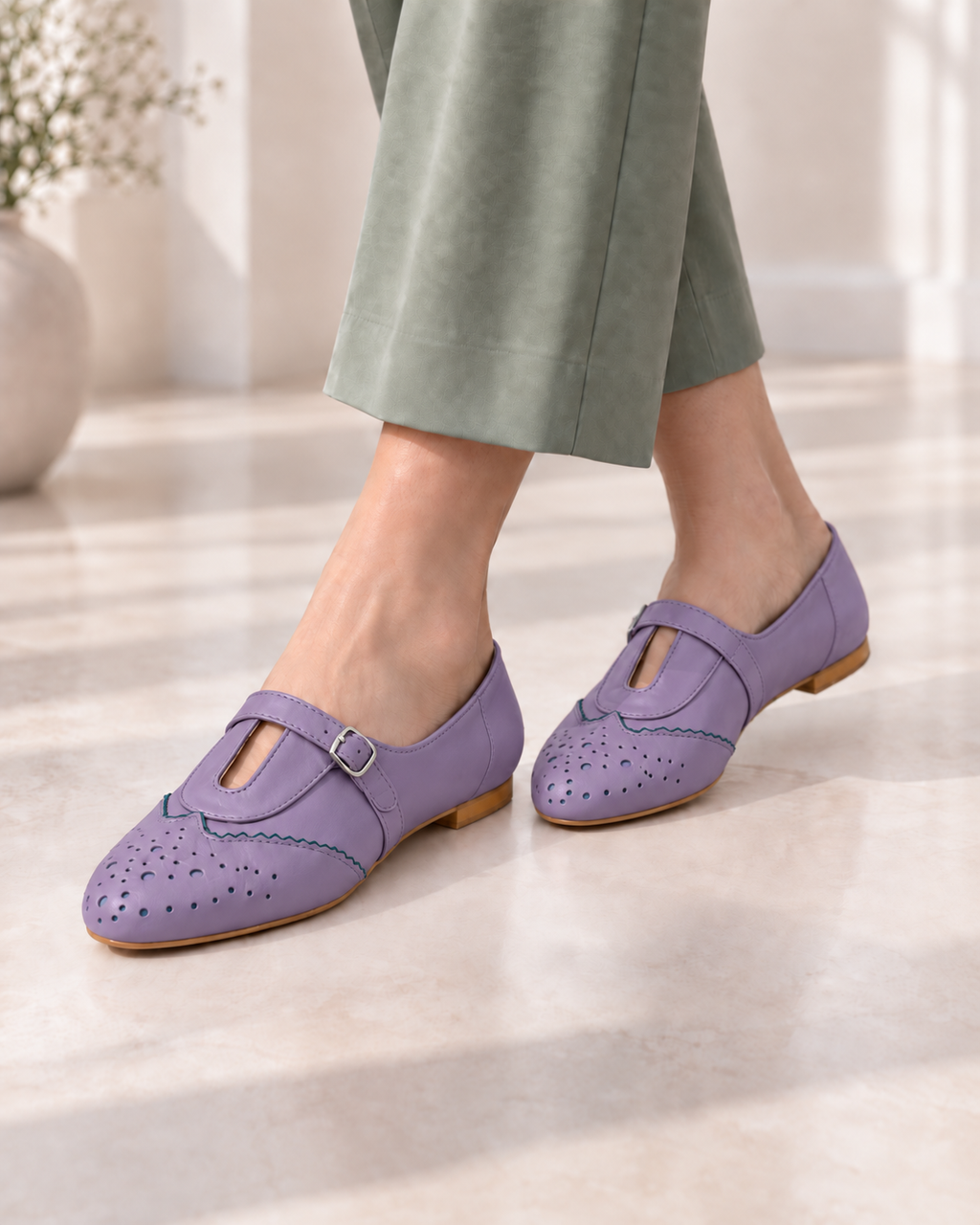 Women's Purple Mary Jane Flats | Perforated Buckle Ballet Shoes