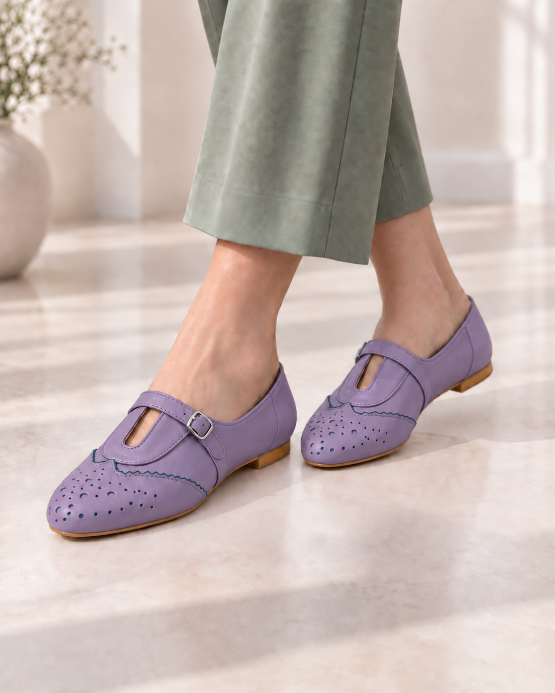 Women's Purple Mary Jane Flats | Perforated Buckle Ballet Shoes