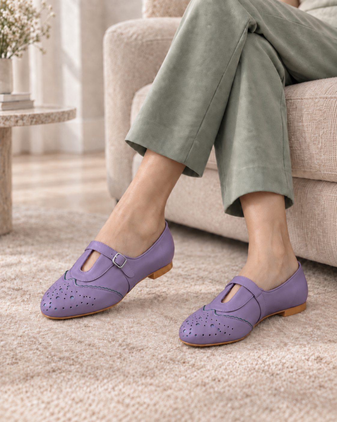 Women's Purple Mary Jane Flats | Perforated Buckle Ballet Shoes