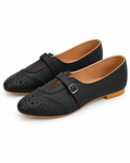 Women's Matte Black Mary Jane Flats | Brogue Detail & Buckle Strap
