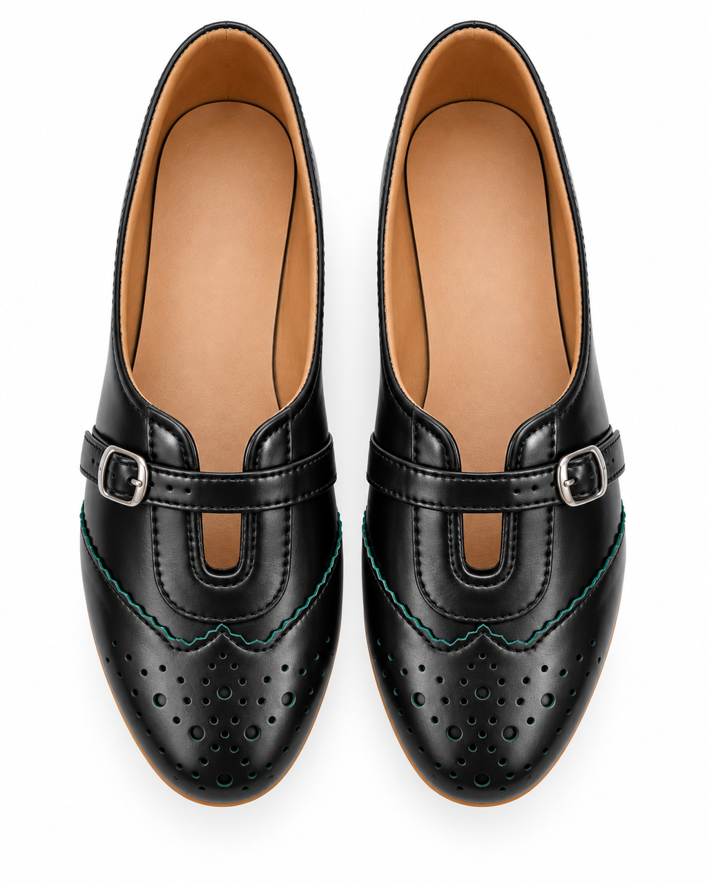 Women's Black Brogue Mary Jane Flats | Buckle Strap & Low Heel