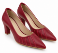 Women's Cherry Red Pointed Toe Block Heel Pumps | Textured Stitch Detail