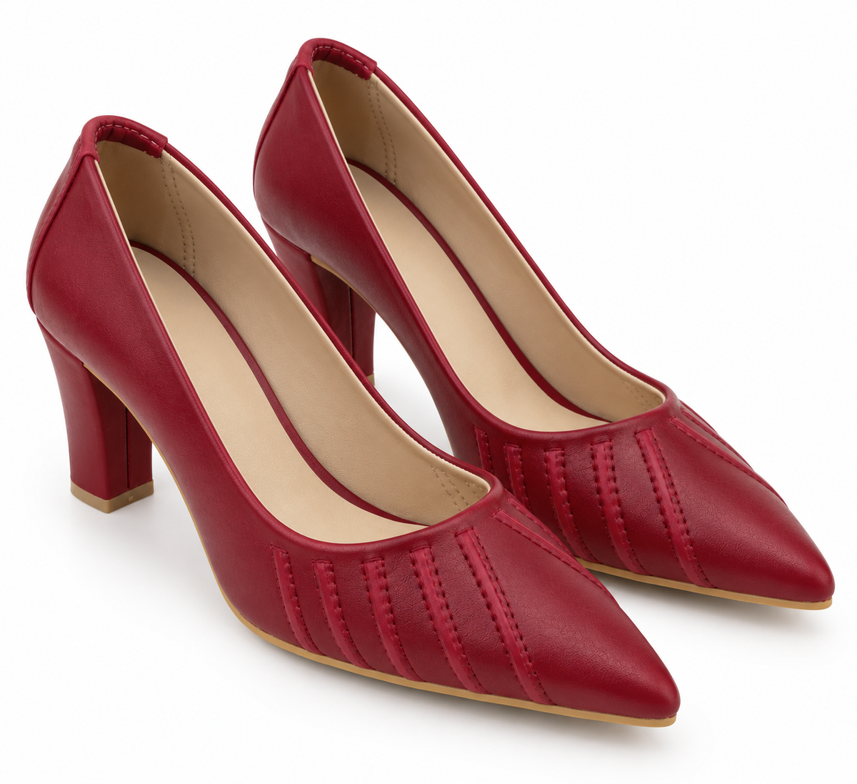 Women's Cherry Red Pointed Toe Block Heel Pumps | Textured Stitch Detail